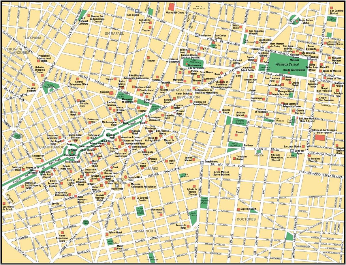 քարտեզ Մեխիկոյում տեսարժան վայրերը